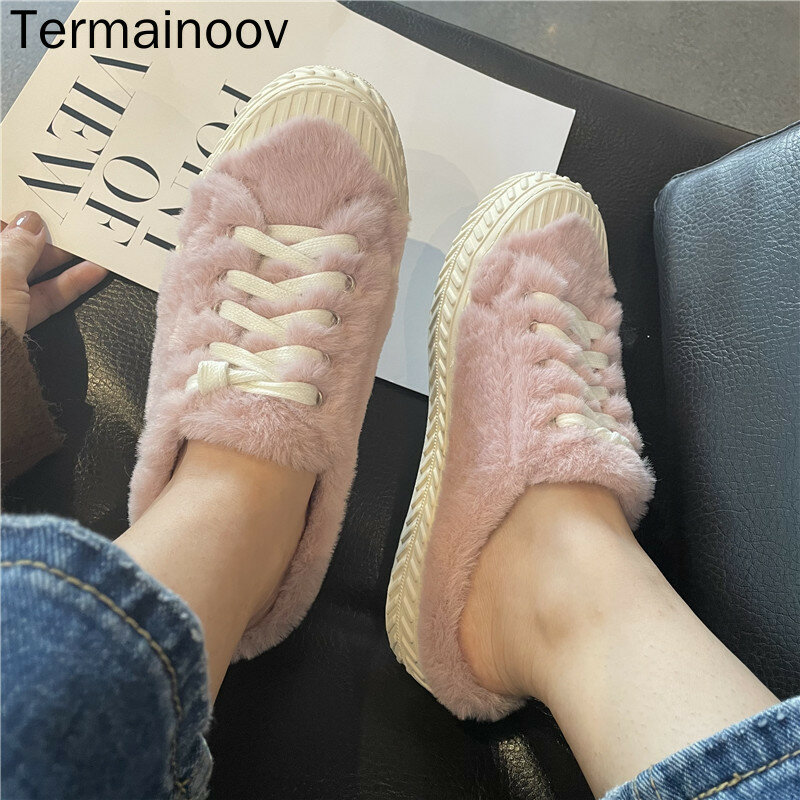 Termainoov النساء أحذية رياضية الفراء زائد نصف النعال كسول أحذية حذاء أبيض دافئ الفراء أحذية رسمية أحذية الشتاء القطن