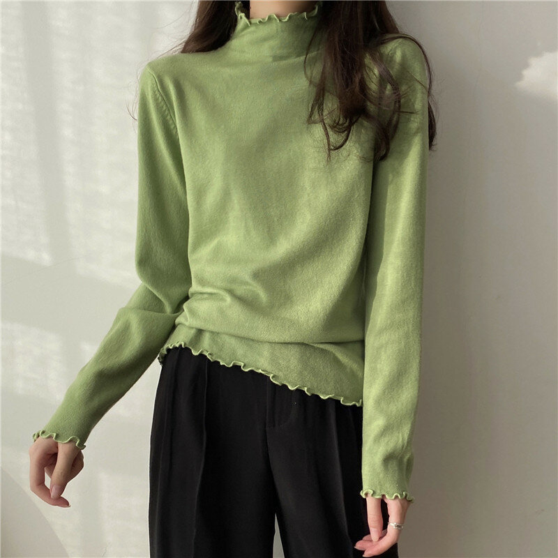 Women's Knitted Pullover Slim Half High Collar Ruched Slim Solid Color Inner Top Wholesale Autumn New Fashion Female Clothing