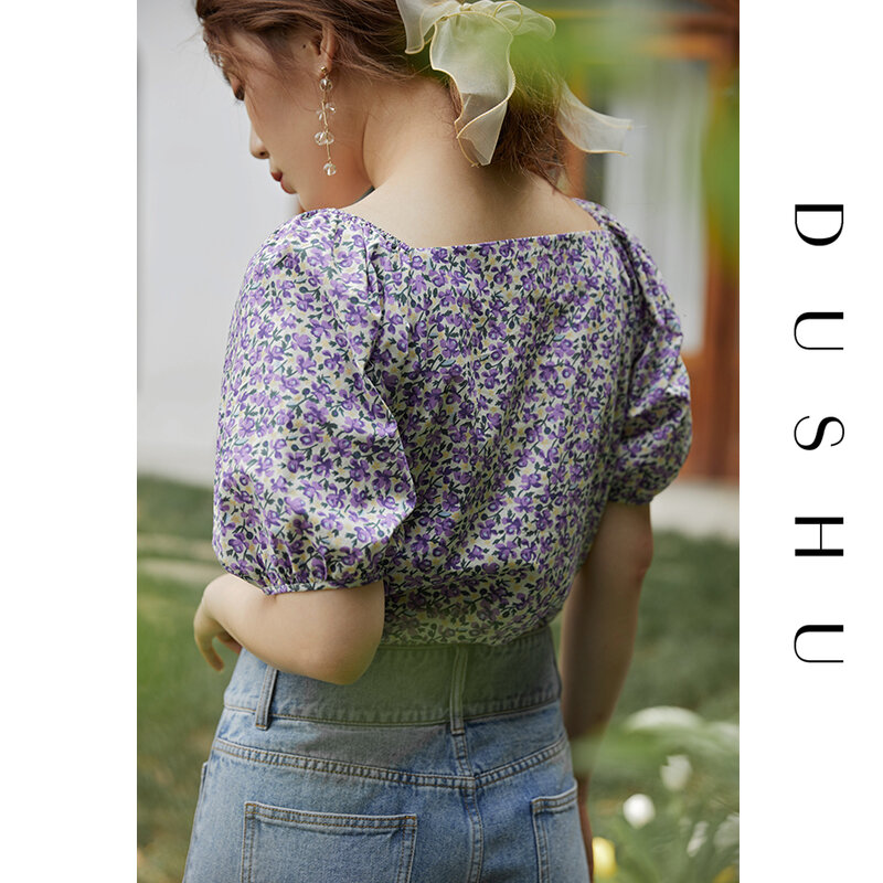DUSHU de talla grande 100% algodón estampado floral blusa camisa mujer puff manga blusa de verano boho vintage mujer playa camisa con botones
