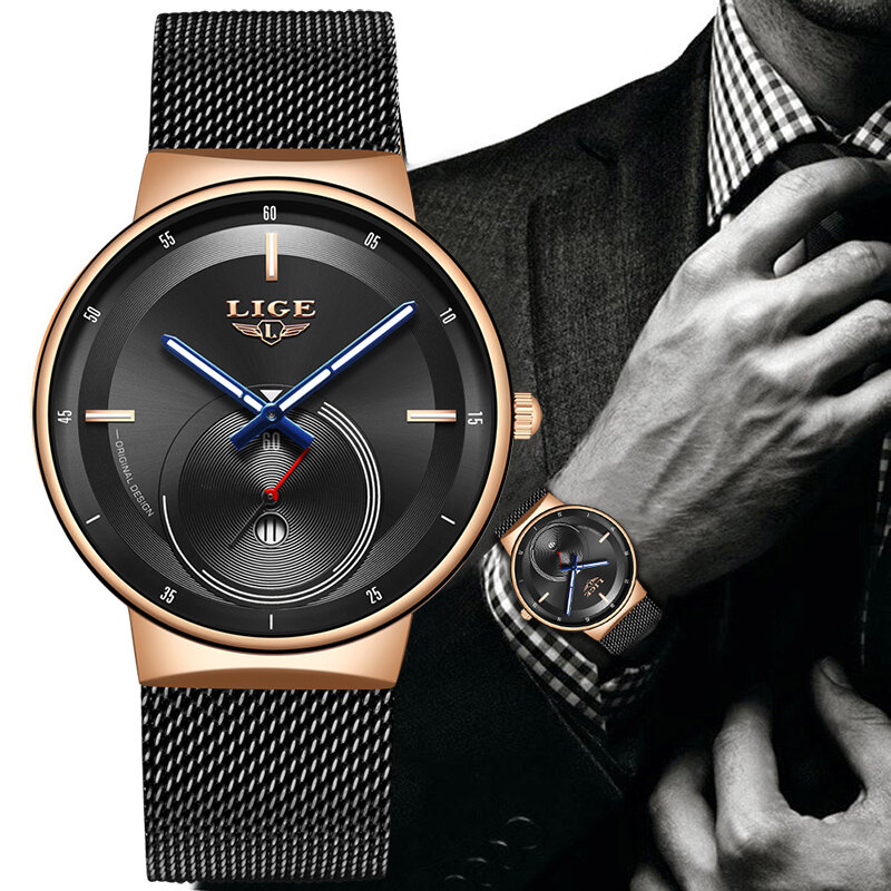 2022 LIGE Hot Fashion Mens Watches Top Brand Luxury Quartz Watch Men Casual Slim Mesh Steel Waterproof Watch Relogio Masculino
