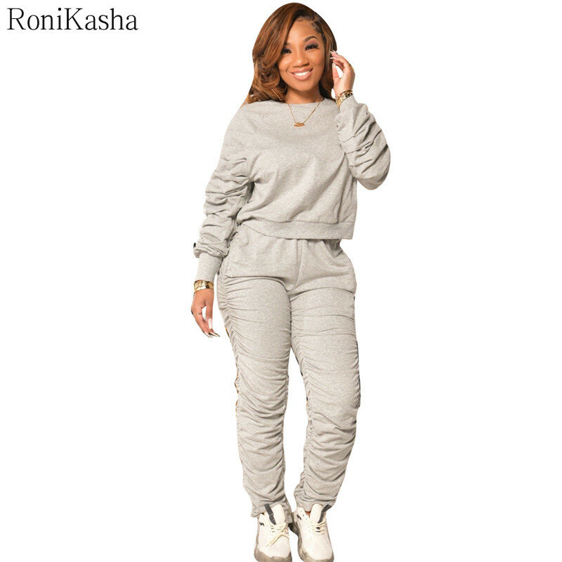 Ronikasha Women 2 Piece Outfits Tracksuit Puff Sleeve Sweatshirt and Skinny Long Pants Set Jogging Suits
