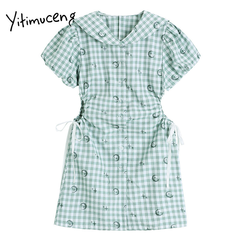 Женское клетчатое платье Yitimuceng, летнее ажурное платье с высокой талией и пышными рукавами, матросский воротник, ТРАПЕЦИЕВИДНОЕ зеленое Мод...