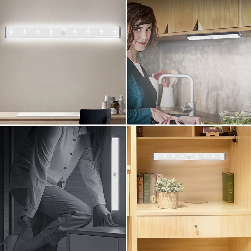 Luz de armario con Sensor de movimiento, lámpara de 6/10/24/40/60 LED, recargable por USB, Blanco cálido/blanco, iluminación de armario para cocina y dormitorio
