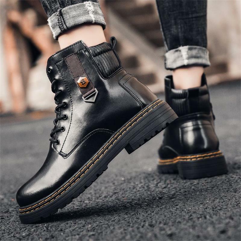 New Men Shoes Handmade Solid Color PU Classic Round Toe Low-heel Lace Comfortable Fashion Casual Four Seasons Ankle Boots ZQ0552