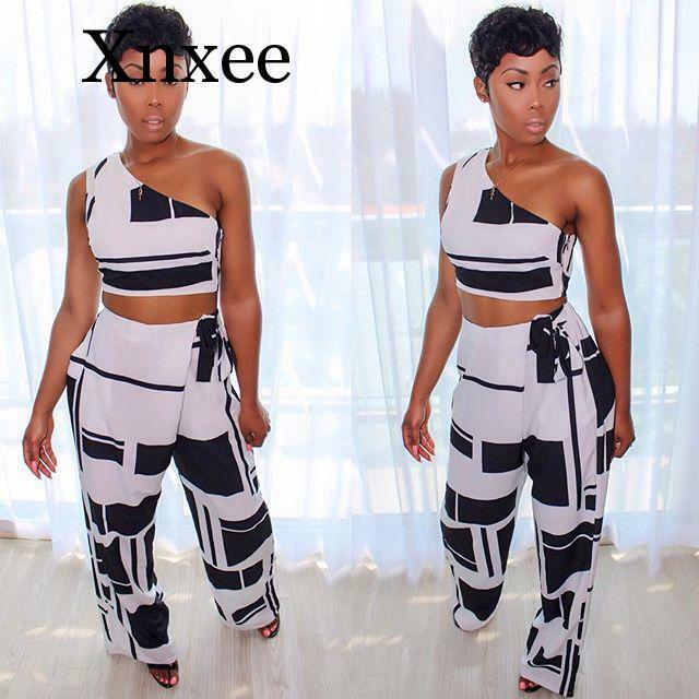africa style Women Sleeveless Crop Top Long Pants Tracksuit One Shoulder Track Suit 2 Piece Set Pants Suit sleeveless long pants