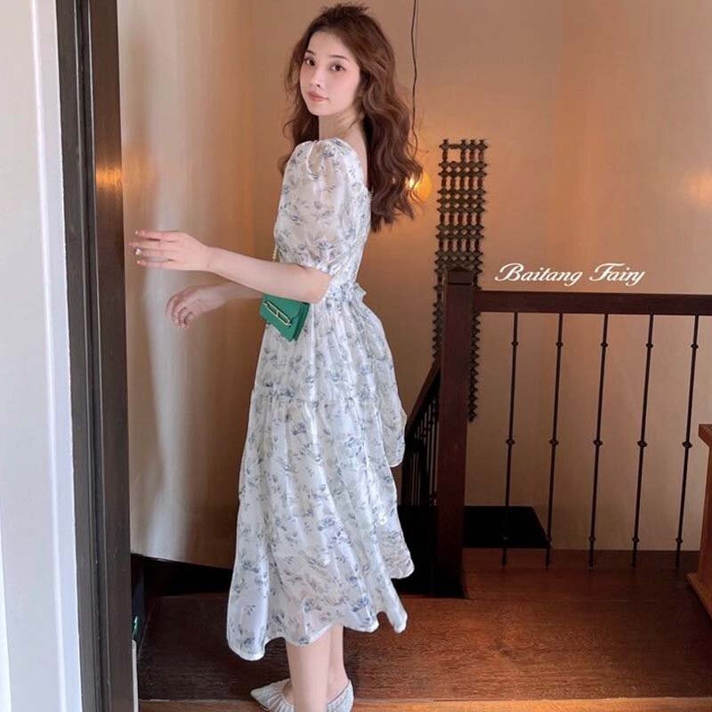 Vestido feminino elegante estilo coreano, peça única, manga curta, vintage, floral, festa, midi, verão, 2021