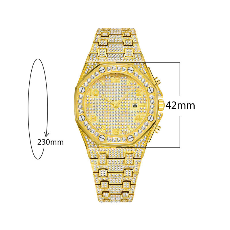 Reloj de pulsera analógico de cuarzo para hombre, cronógrafo de oro de 18k con diamantes de imitación, estilo Hip Hop, con fecha