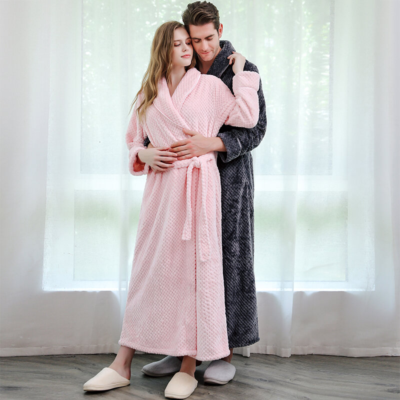 ผู้ชายฤดูหนาว Plus ขนาดยาว Coral ขนแกะเสื้อคลุมอาบน้ำ Kimono Warm Flannel Robe Men Cozy Robes Night ชุดนอนผู้หญิง Dressing ชุด
