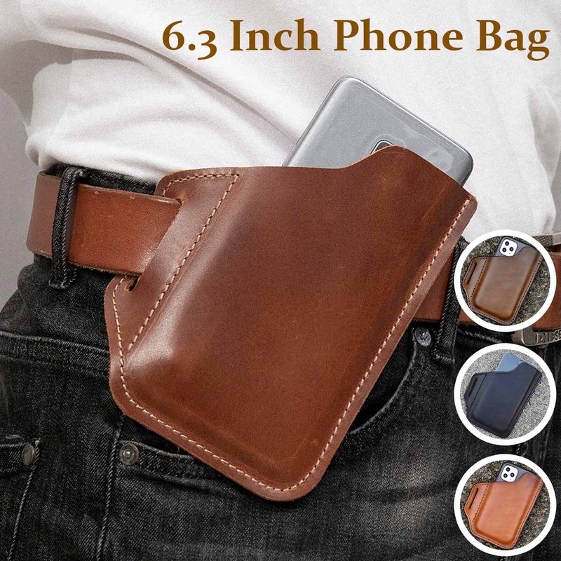 Men's Genuine Leather Cellphone Holster Case Convenient Solid Color 6.3inch Phone Case Wallet Belt Bag Waist Bag