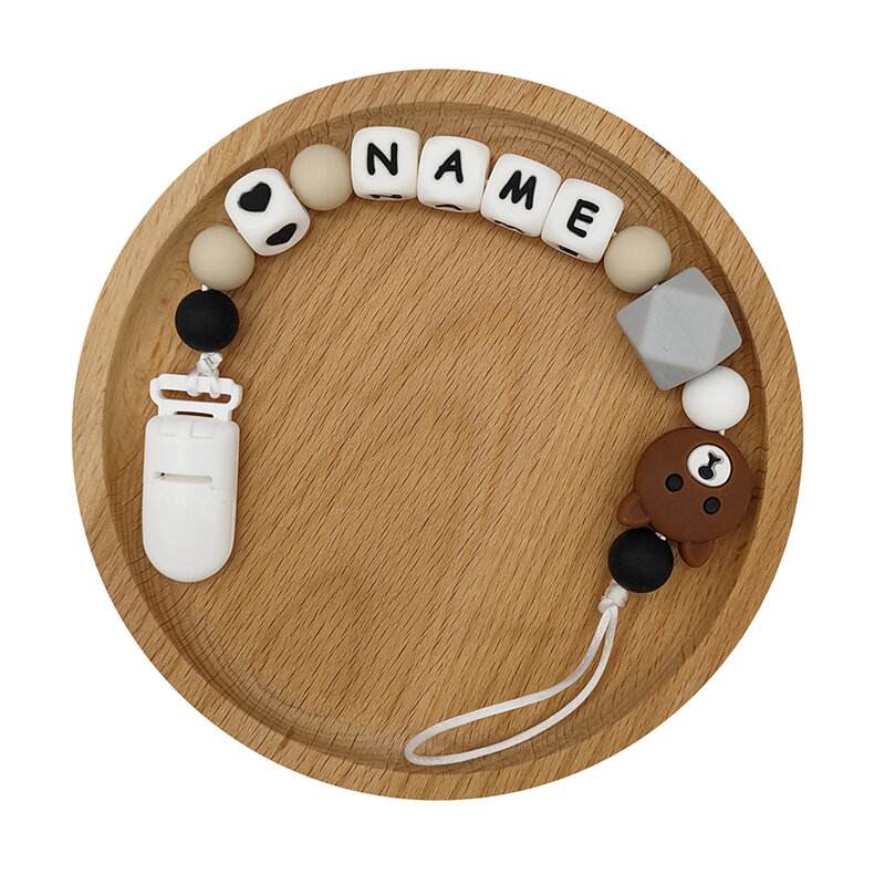 Personalized Name Pacifier Holder For Nipples Infant Baby Teething Leash Strap Cute Bear Silicone Pendant Beads Clip Chain
