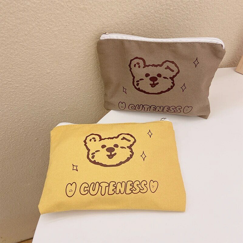 Cute Bear Makeup Bag Canvas Small Cosmetic Pouch Travel Women Toiletry Bag Cartoon Print Beauty Case Make Up Organizer Case