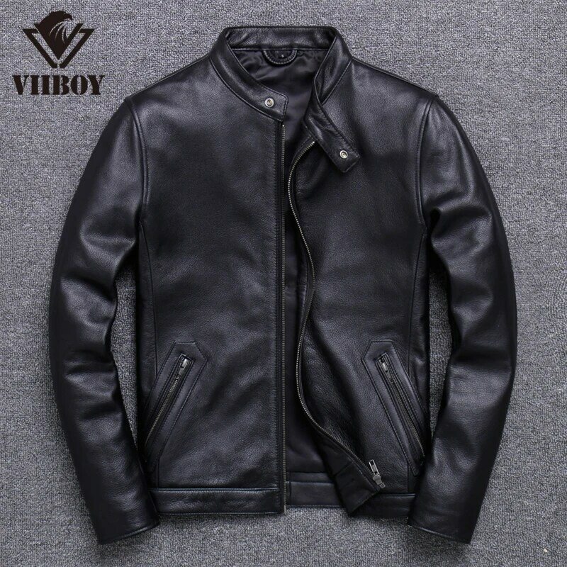 Giacca classica in pelle di vacchetta stile casual di marca, abiti da uomo in vera pelle 100%. Cappotto in pelle da motociclista di qualità vintage.