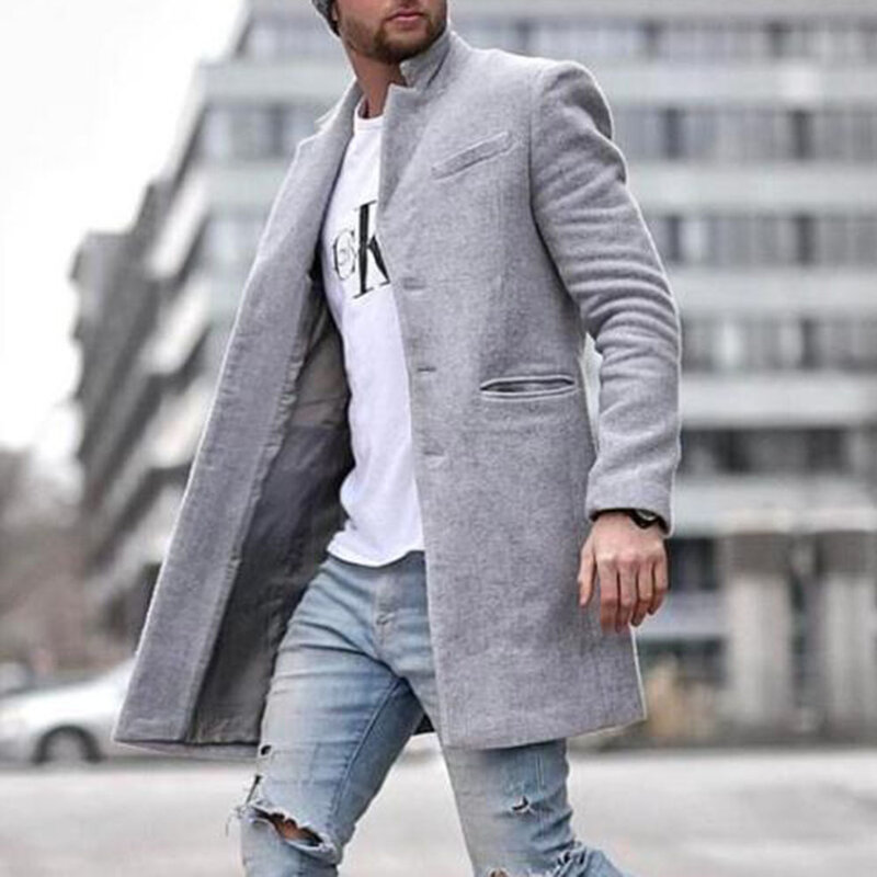 Mantel Wol Warna Solid Pria Mode Baru Musim Gugur Musim Dingin 2021 Saku Kerah Tetap Hangat Lengan Panjang Temperamen Kancing Sebaris