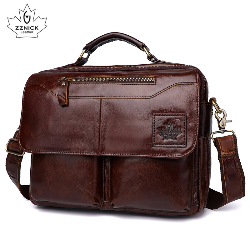 Bolsa de couro genuíno masculina, bolsa de escritório para homens de couro, pasta de laptop, bolsa de ombro, bolsa de mão de luxo para escritório zzdr