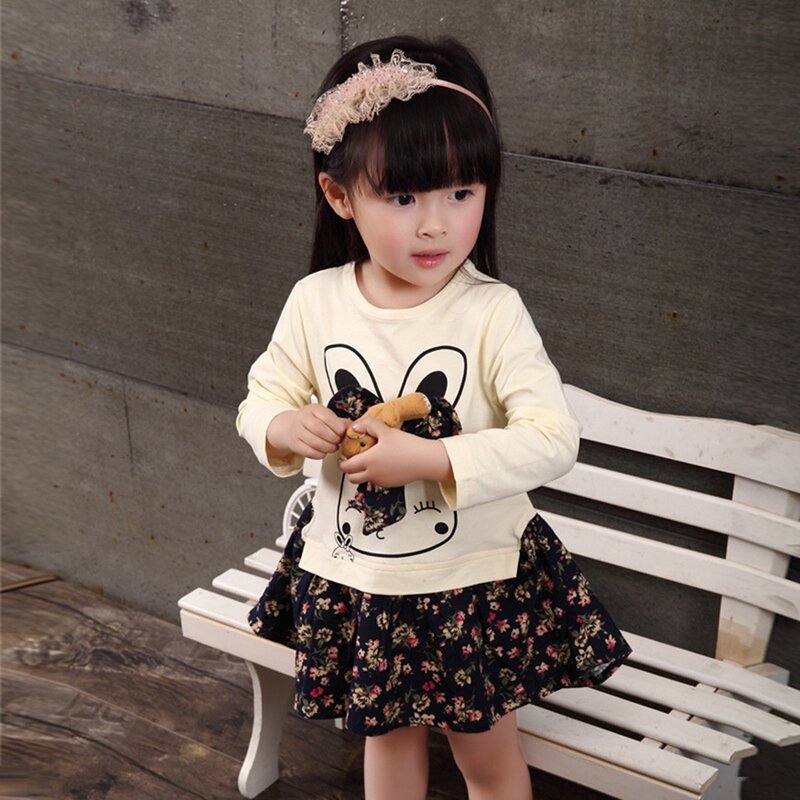 NEW Newborn Infant Baby Clothes Girls Kids Winter Dress Kids Long Sleeve Floral Rabit Cotton Casual Dress Outfits Set for 1-6Y