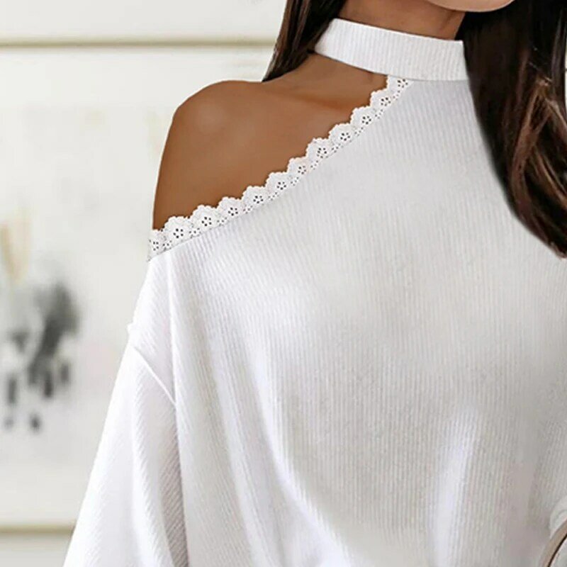 2021 moda jesień Casual kobiety z długim rękawem biały sweter ColdShoulder latarnia rękaw prążkowany kontrastowa koronka sweter