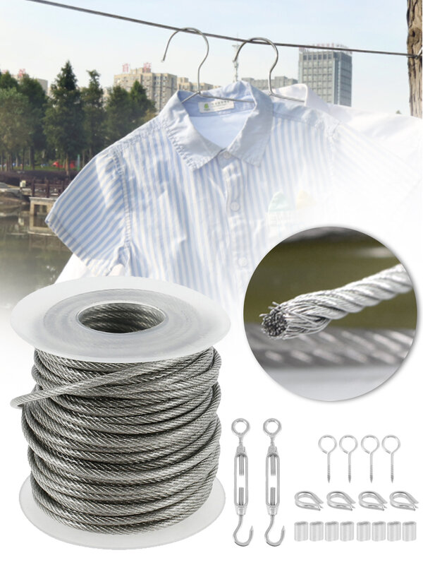 Cuerda de alambre Flexible con revestimiento de PVC, Kit de tendedero de acero inoxidable transparente, 30/15 metros
