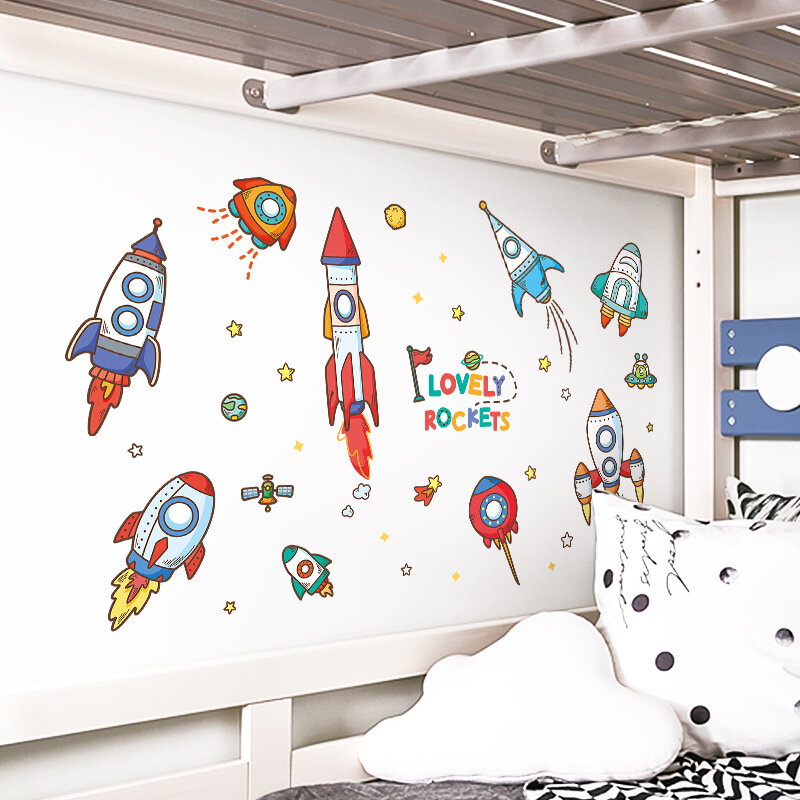 3d colorido crianças quarto foguete adesivos de parede auto adesivo dos desenhos animados do bebê espaço decalques parede berçário