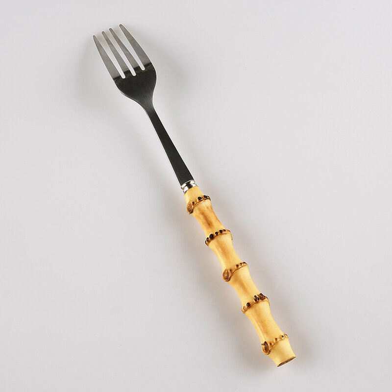 Restaurant household tableware dinnerware cutlery flatware stainless steel natural bamboo root wood handle dinner fork