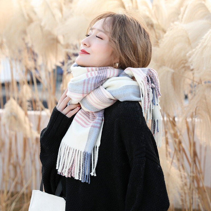 Écharpe à carreaux en cachemire pour femme, Foulard chaud, couleur unie, mode décontractée, collection hiver