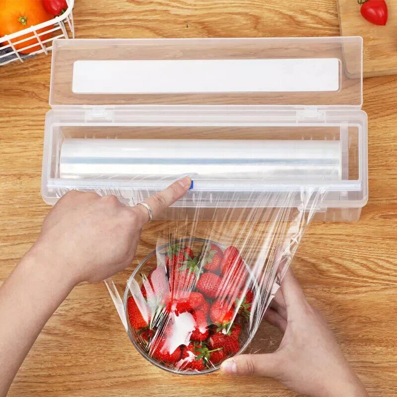 Plástico dispensador de envoltório de alimentos com cortador de slide ajustável cling film cortador preservação folha caixa de armazenamento conveniente eficiente