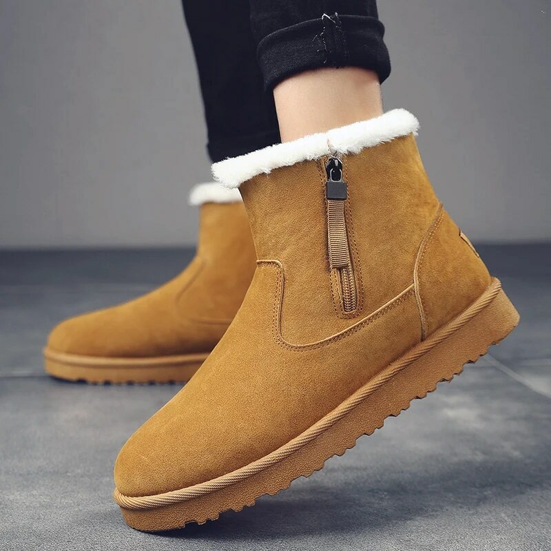 ข้อเท้า Suede ฤดูหนาวหิมะอบอุ่นแบนขนสัตว์รองเท้าสำหรับชายน้ำหนักเบาซิป Boot ขนาด5สีน้ำตาล Boot Plush ...