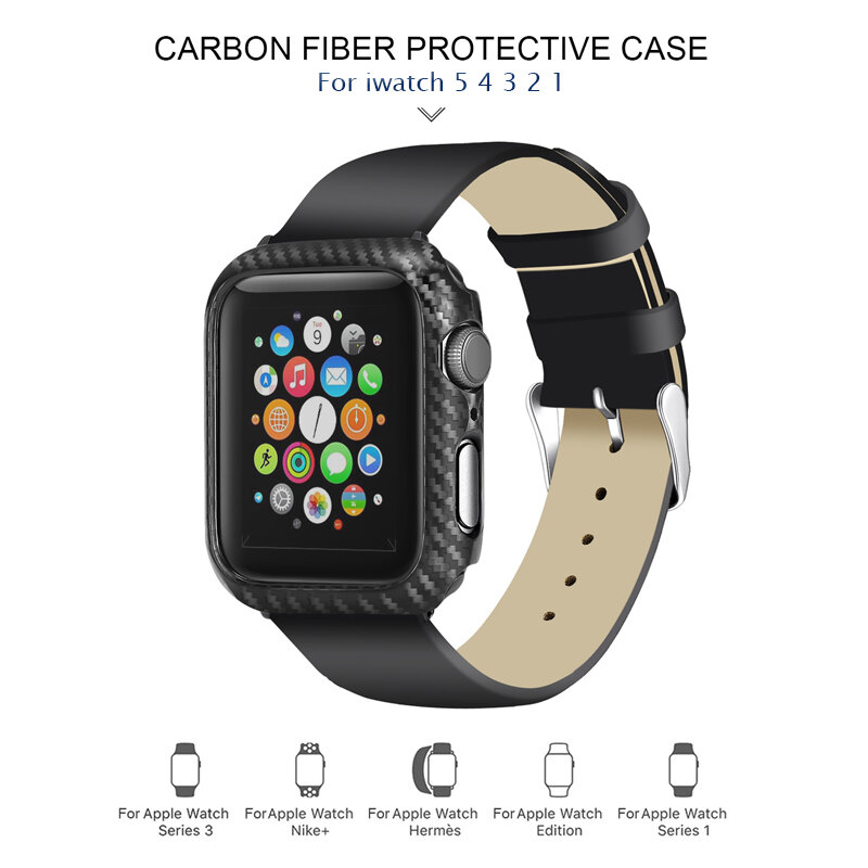 Caso protetor de tela de fibra de carbono para apple watch 42/38/40/44mm compatível para iwatch série 5/4/3/2/1 capas de pára-choques de proteção