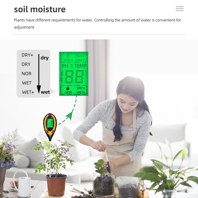 土壌水分計,3/4 in 1土壌テスター,水分計,花,温度計,日光強度分析,40% 機能