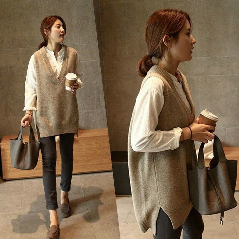 Women Knitted Ribbed Vest Sweaters Autumn V-Neck Sleeveless Female Side Split Jumper Streetwear Casual Solid Ladies Sweater