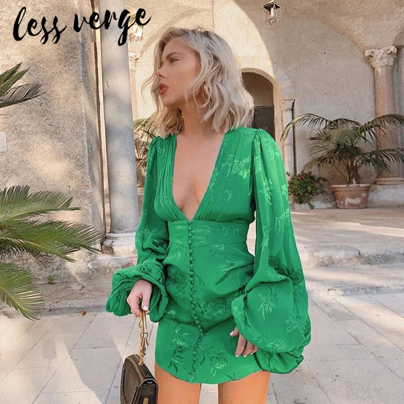 Lessverge-minivestido de fiesta para mujer, satén, seda Floral, manga acampanada, verde, escote en V profundo, botón de cintura alta, elegante, Vintage