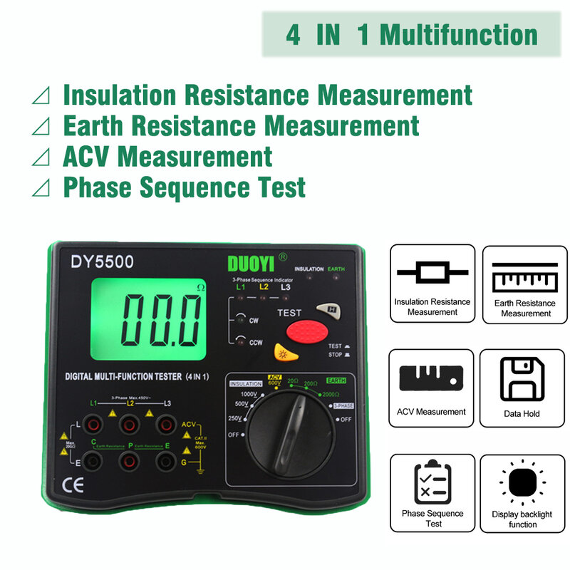 DUOYI DY5500 4 in1 Digital Fluke Multifunction Insulation & Grounding Resistance Tester Voltmeter Measuring Phase Indicator