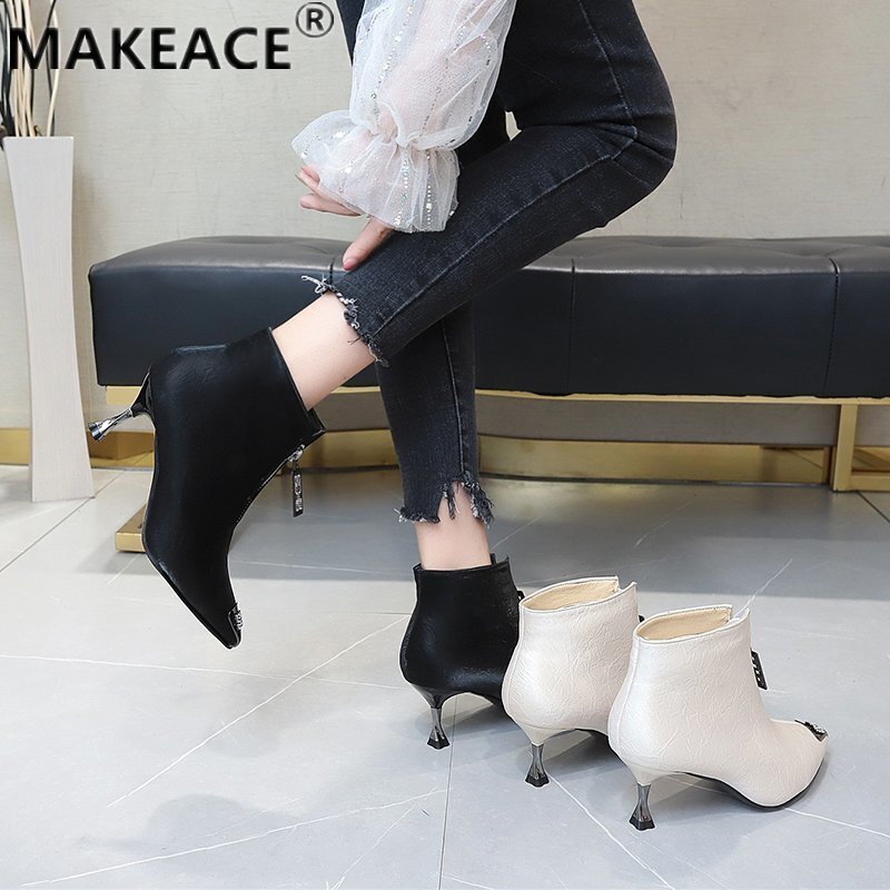 Winter Women's Boots Autumn Shoes New Pointy Leather Women's Ankle Boots Fashion Heel Korean Fashion Boots Banquet Women's Shoes
