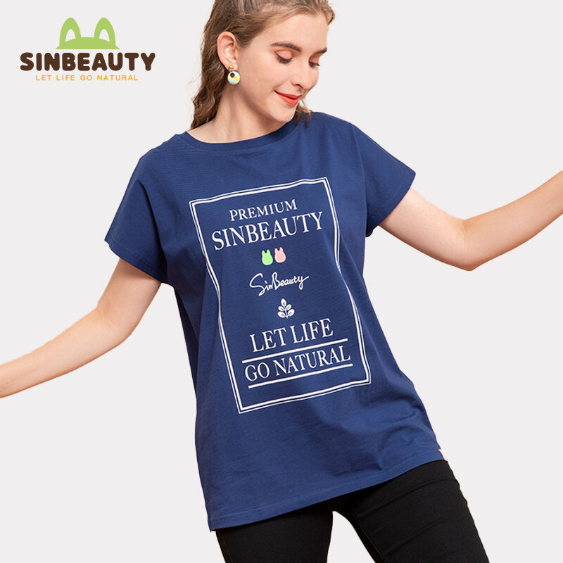 SINBEAUTY-여성 여름 반팔 티셔츠 심플 크루 넥 맞춤형 만화 프린트 루즈 미디엄 롱 스타일