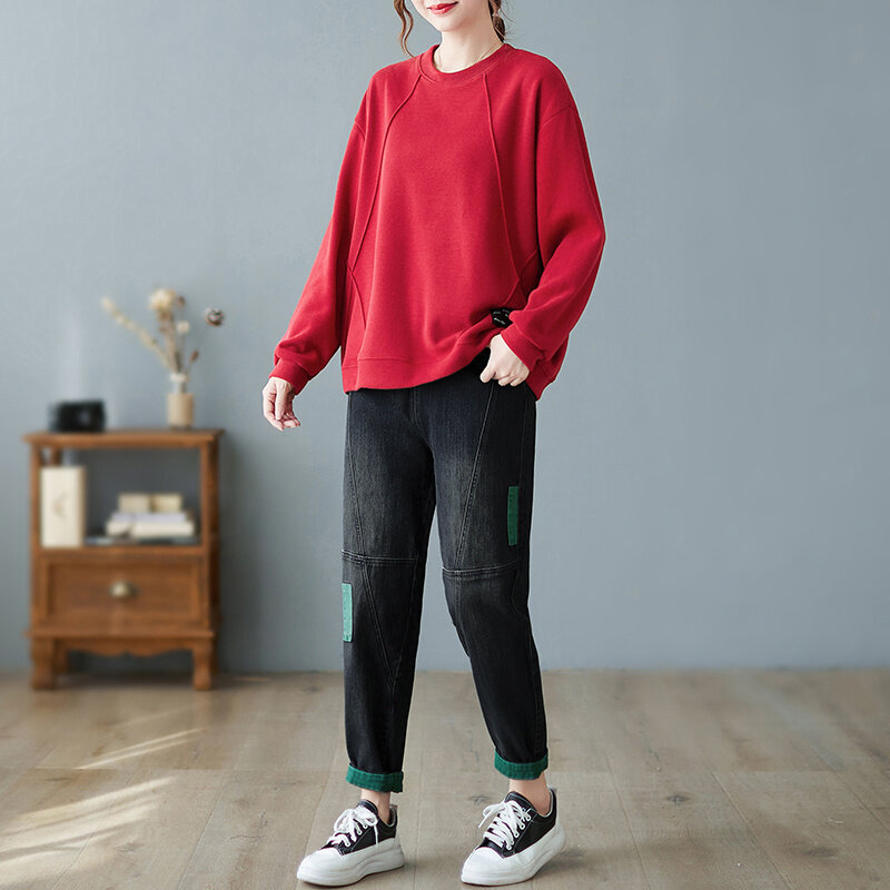 Pantalones vaqueros de gran tamaño informales, suéter de cuello redondo, Top holgado que combina con todo, conjunto de pantalones Harem, otoño de 2021