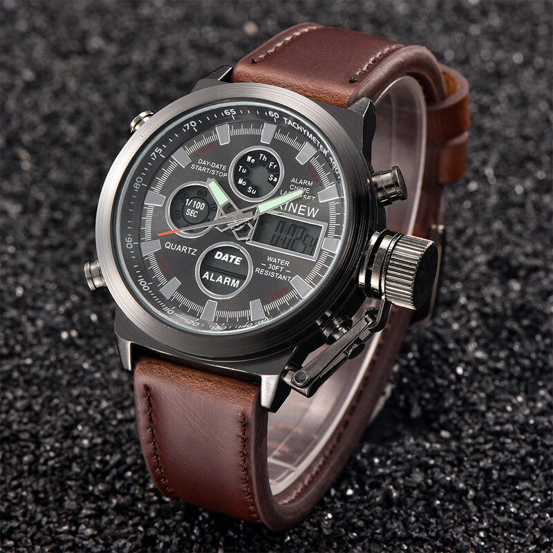 XINEW Mode Luxus Marke Herren Uhr Sport Military LED Analog Edelstahl Gehäuse Lederband Herren Dual Handgelenk Uhren reloj