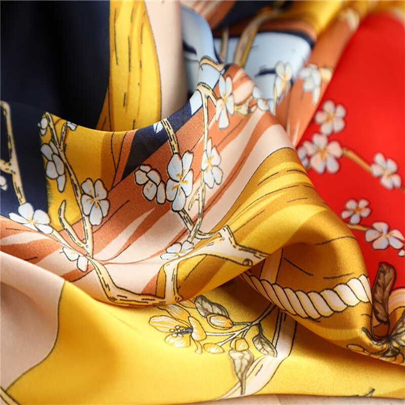 Foulard carré en Satin de soie imprimé pour femme, Bandana, marque de luxe, 90x90cm