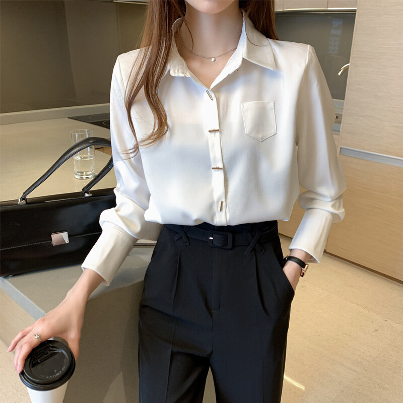 Camisas femininas de seda coreana, blusa de cetim, camisa branca de cetim para escritório, camisa casual feminina de manga comprida, tops plus size