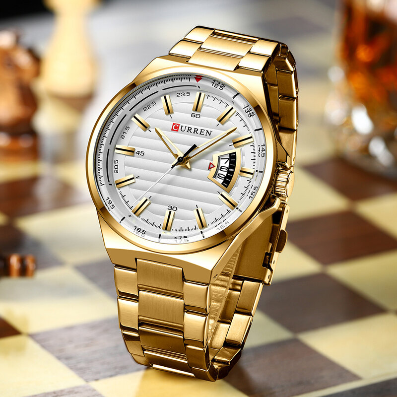 Curren relógio de pulso dourado à prova d'água masculino, relógio de quartzo esportivo com data