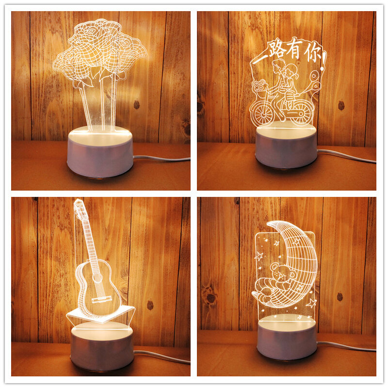 Akrylowe 3D LED lampka nocna gitara różowe serce romantyczna lampa stołowa dekoracja do domu i do sypialni dzieci Xmas urodziny prezent