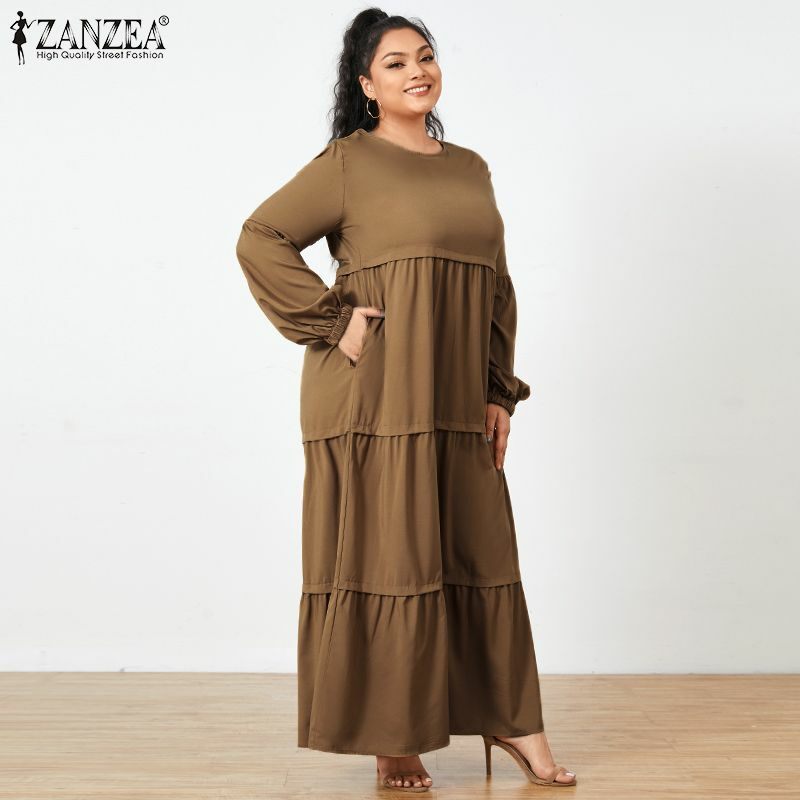 ZANZEA-Vestido largo de talla grande para mujer, vestido elegante de manga larga con volantes, color liso, para fiesta y vacaciones, 2022
