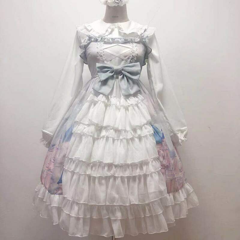 Prom Jsk Kleid Cosplay Sky City Robe Lolita Kleid Kawaii Kleider Weibliche Fee Bogen Sling Spitze Prinzessin Kleid Frauen Viktorianischen