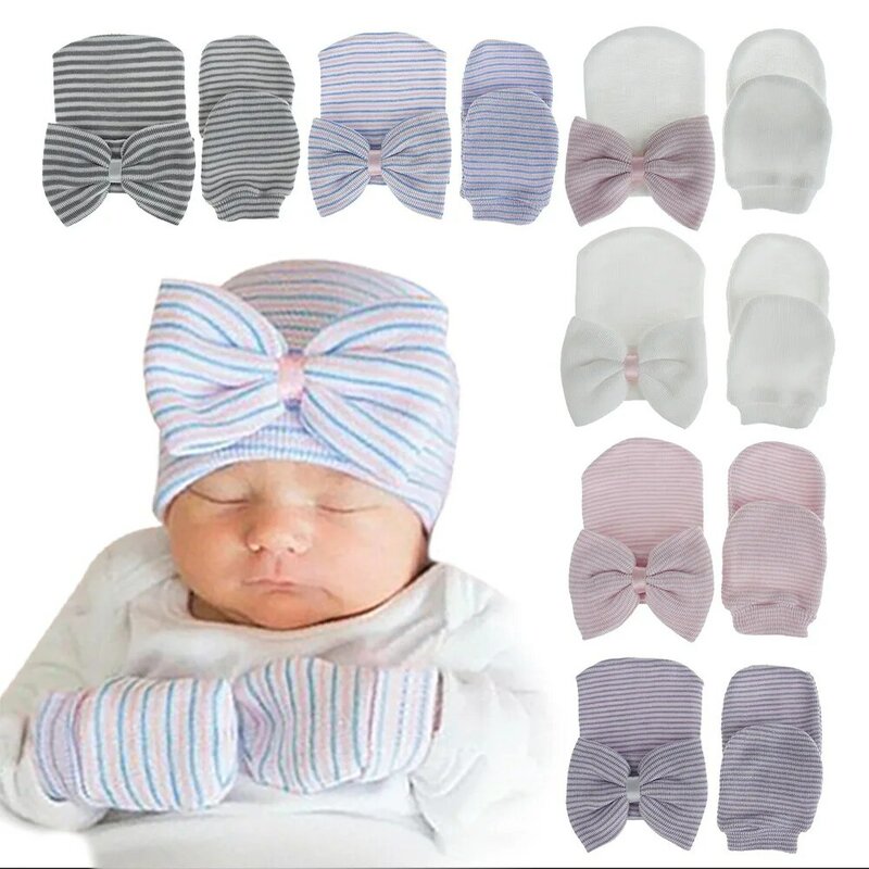 Conjunto de dos piezas de gorro y guantes cálidos a rayas para niños, bonitos lazos de ganchillo, gorros de bebé, sombreros, ropa de decoración