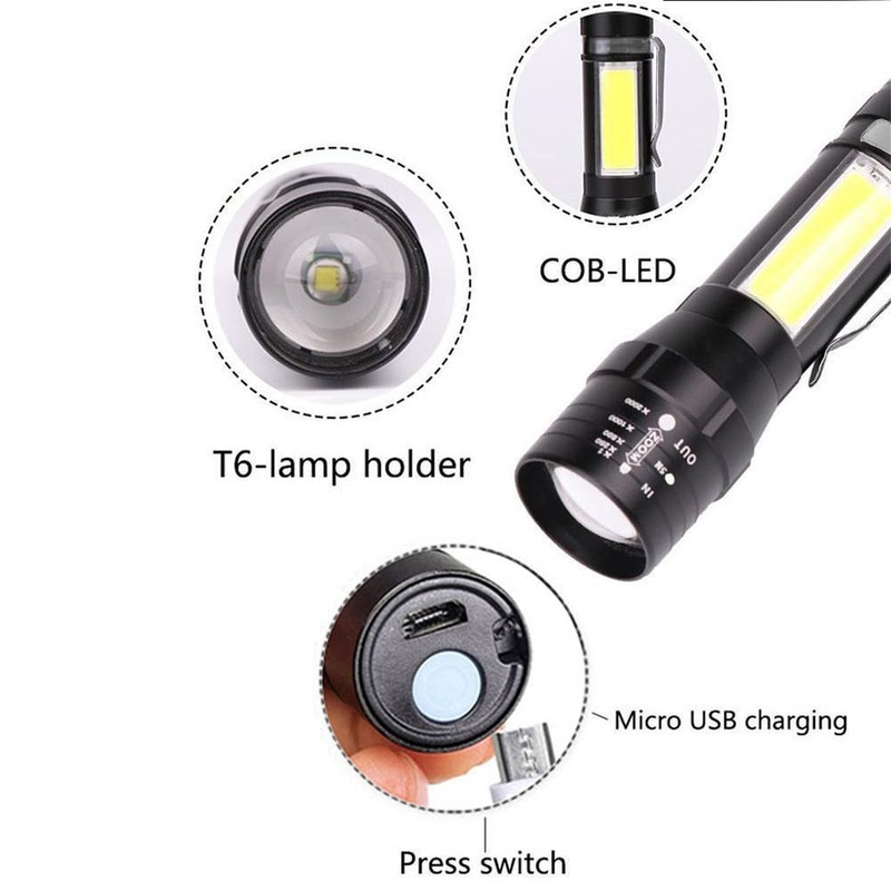 휴대용 LED 손전등 T6 COB 라이트 충전식 손전등, 내장 배터리 줌 손전등 3 모드 방수 비상 토치