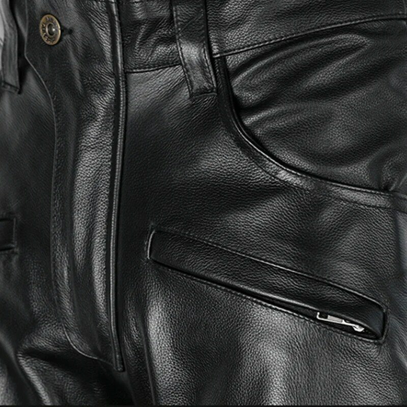 Pantalones negros de estilo americano para hombre, pantalón de cuero Real Natural, talla grande 4XL, grueso, de cuero de vaca, para motociclista, 2021
