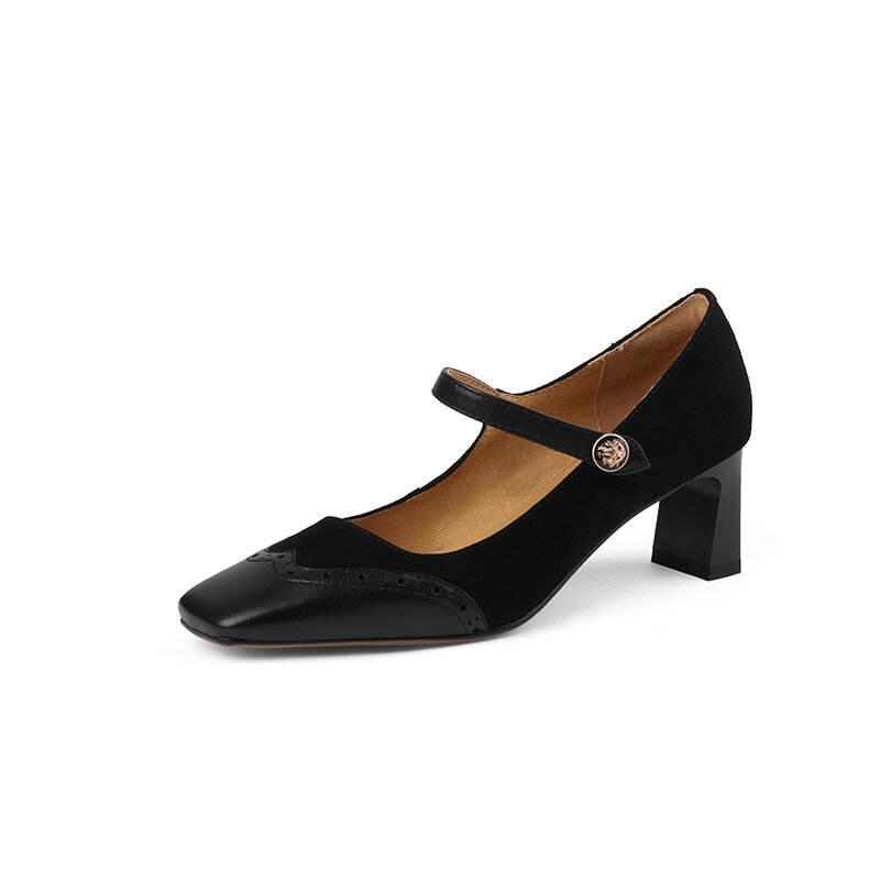 Zapatos de tacón de cuero Natural para mujer, calzado con parte superior de cuero de vaca, calado, Mary Jane, 22-2022 cm, 25,5