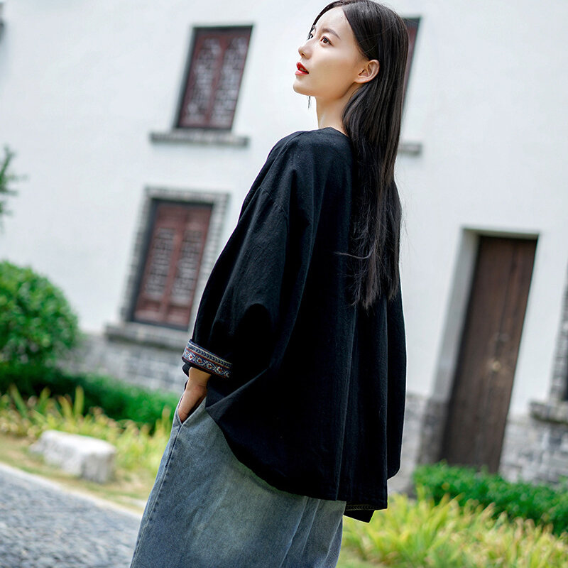 Женская блузка с длинным рукавом, винтажная блузка размера плюс в китайском стиле, оригинальный дизайн, блузка с круглым вырезом, новинка 2020