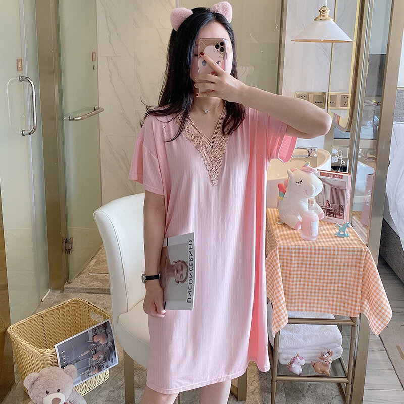 New Women Casual Sleepwear Milk Silk Nightgown Short Sleeve Sexy Lace Lingere V-neck Nightdress Cute Girl Pajamas Soft Home Suit