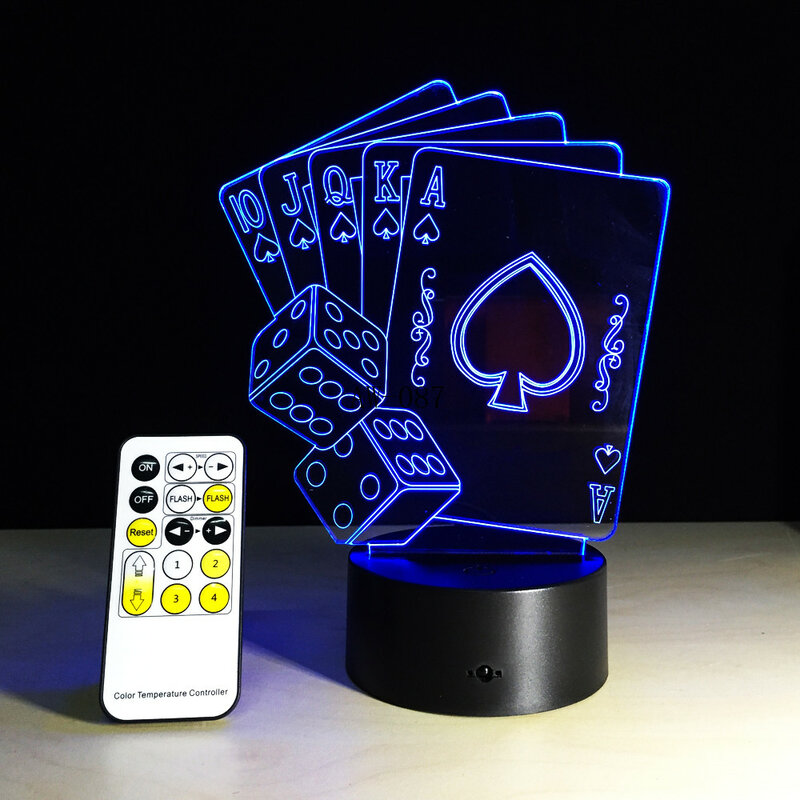 Lâmpada 3d criativa de led para decoração do mágico, texas para segurar em dados, cartas de jogo de pôquer, 7 cores mudança de luz noturna rc natal 87