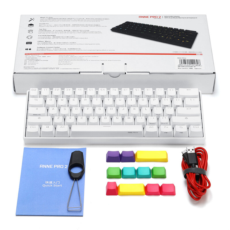 ANNE Pro2 Mini แบบพกพาไร้สายบลูทูธ60% แป้นพิมพ์สีแดงสีฟ้าสีน้ำตาลสำหรับเล่นเกมที่ถอดออกได้สาย