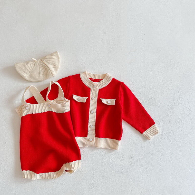 Conjunto de 2 piezas para bebé y niña, mono rojo con tirantes de retales de lana, suéter de manga larga, chaqueta, prendas de vestir para recién nacido, E6032, novedad de primavera 2021